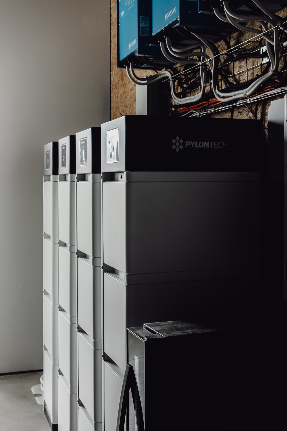 Battery storage towers in a residential technical room