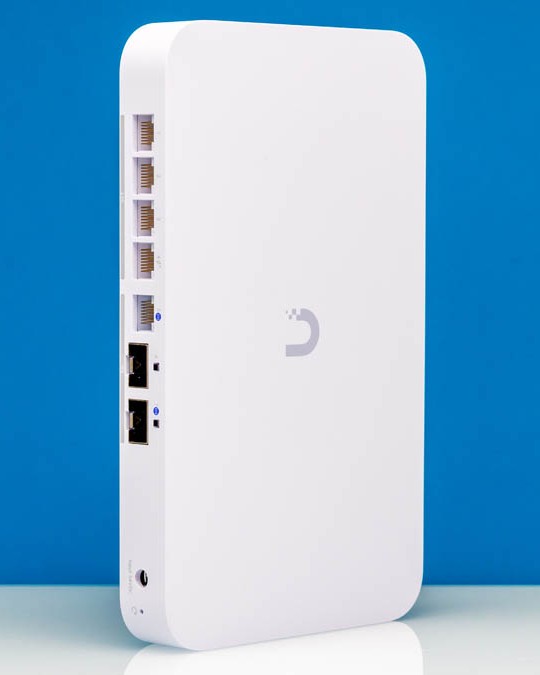UniFi Cloud Gateway Fiber, rear angled view showing ports